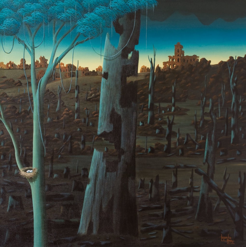 surrealistic painting, blue, brown, ecologic, trees