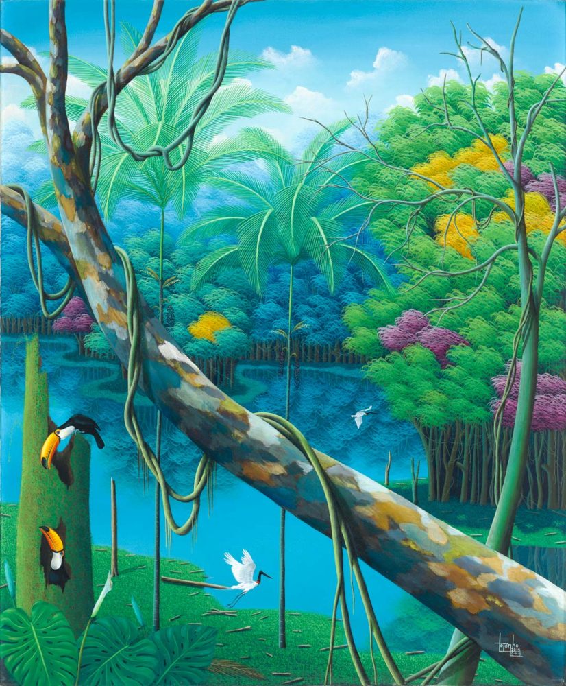 fine-art print, tropical trees, toucans, birds, tropical forest, landscape, painting by Totonho