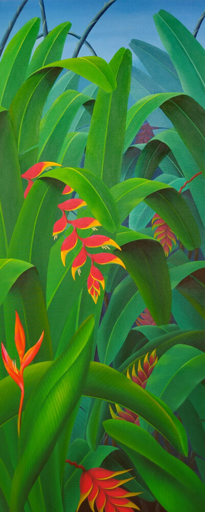 green leaves, red flowers, tropical plants