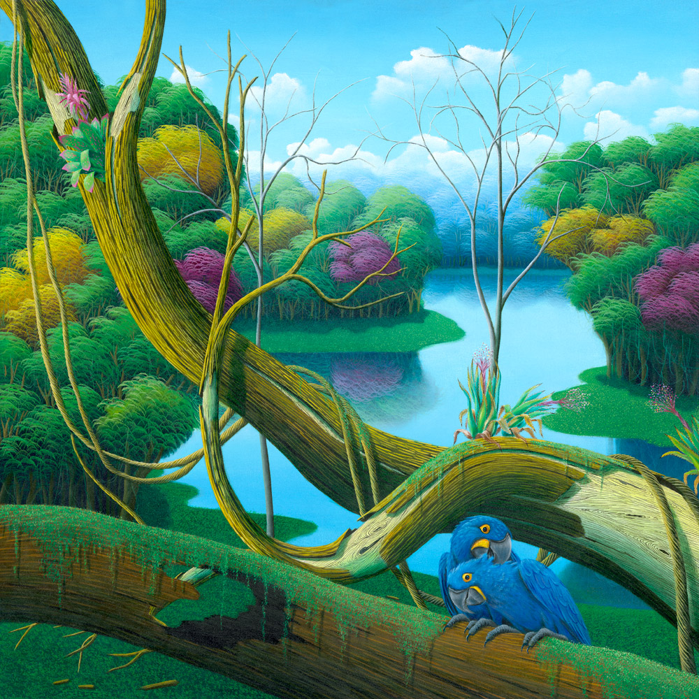 Fine art print, jungle, Brazilian landscape, blue parrots, parrot, colorful, painting by Totonho
