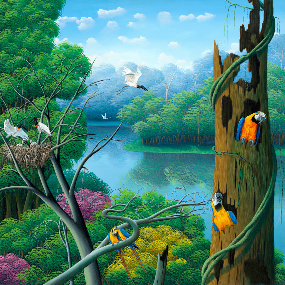 Fine art print rain forest, parrots, tropical birds, Brazilian landscape, arara, floresta, painting by Totonho