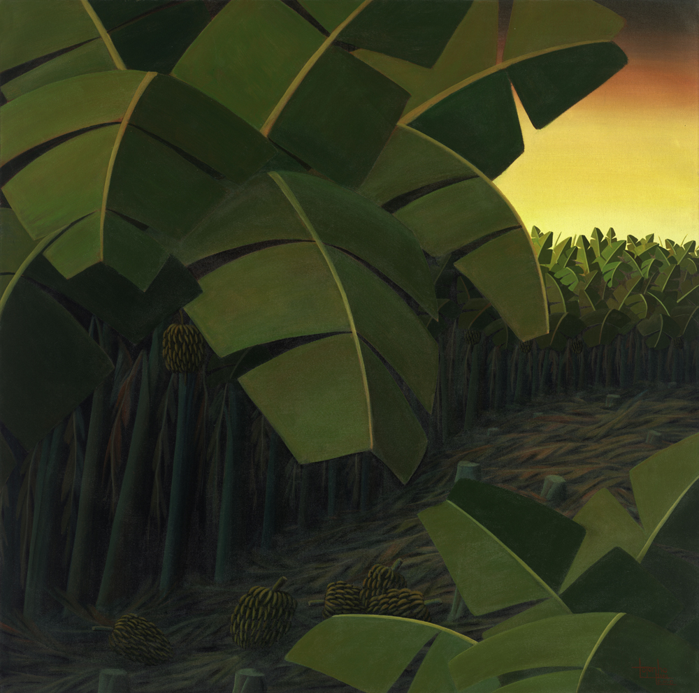 banana leafs in sunset, banana plantation, magical light green and orange, painting by Totonho