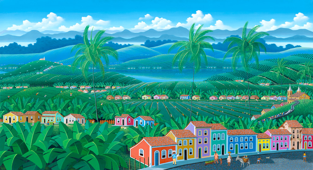 Fine Art Print of a Brazilian village, tropical landscape, colored houses, palm-trees, colorful, painting by Totonho