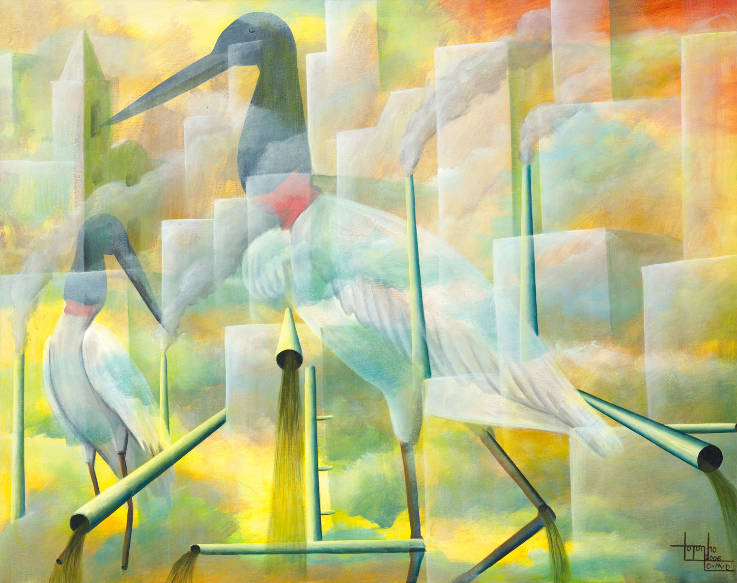 Fine art print, birds, pollution, chimneys, painting by Totonho