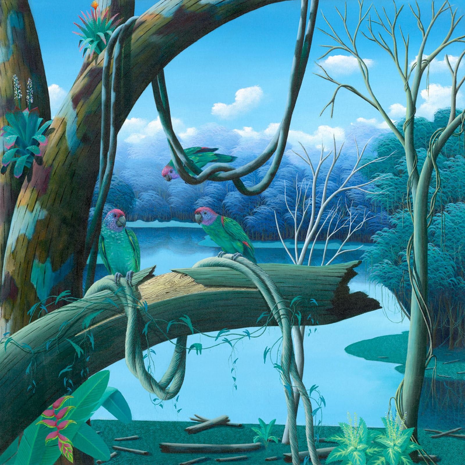 Parrots, green parrots, tropical birds, jungle, arara, verde, azul, painting by Totonho