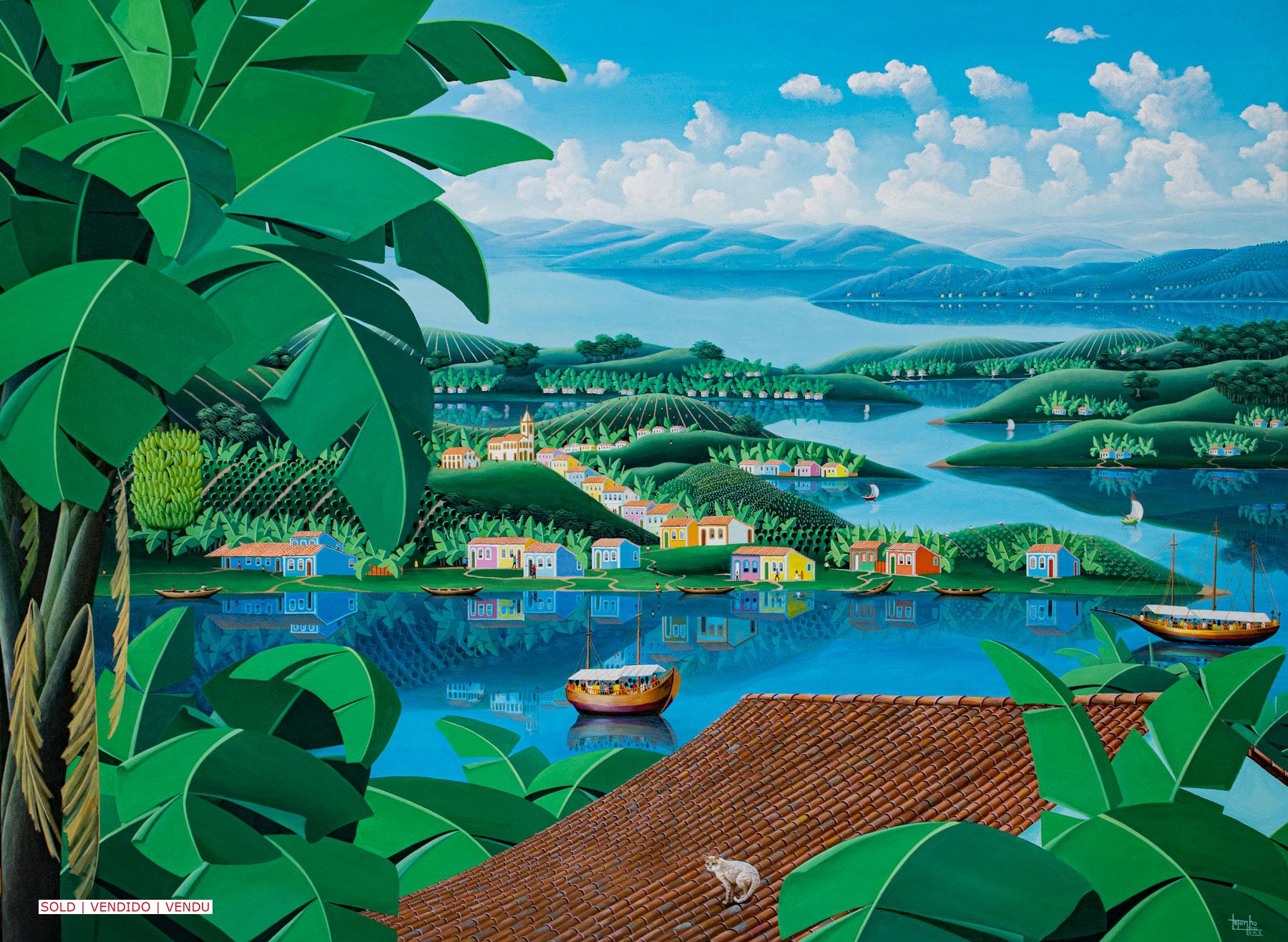Brazilian landscape, lakes, banana leaves, cat on a roof, boats, sailing boats, plantations, painting by Totonho