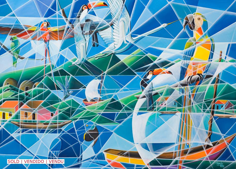 Beija flor, kolibri, bird, birds, parrots, boats, landscape, painting by Totonho