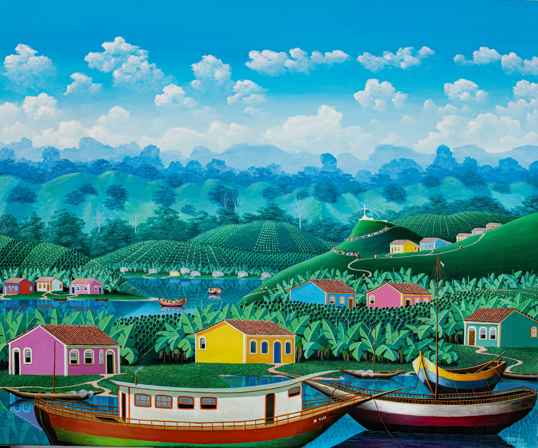 Brazilian landscape, São José, procession, coloured houses, boats, plantation, landscape painting, painting by Totonho