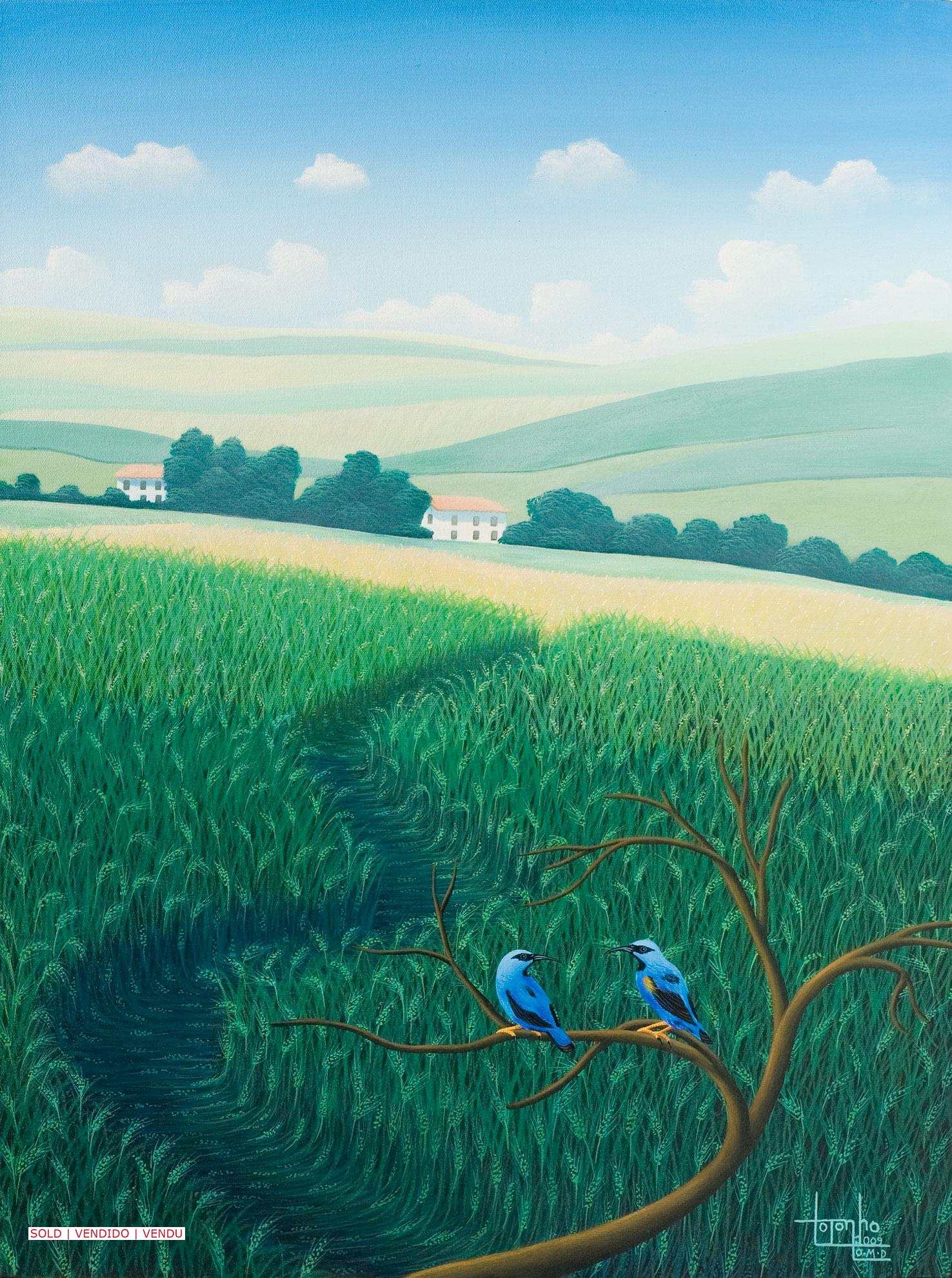 Brazilian landscape, blue birds, landscape, mountains, fields, painting by Totonmho