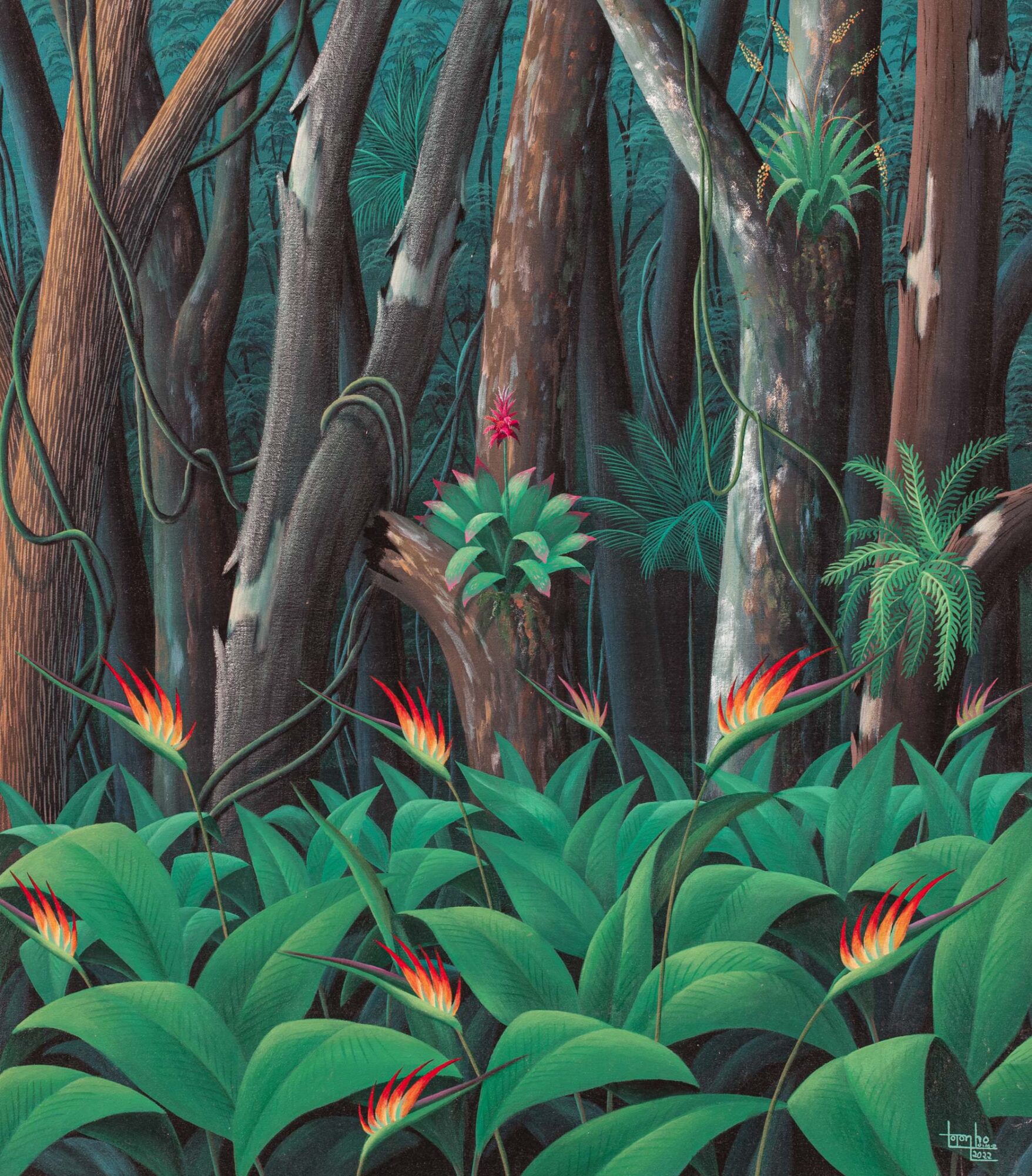 trees, forest, plants, red flowers, Brazilian, painting by Totonho