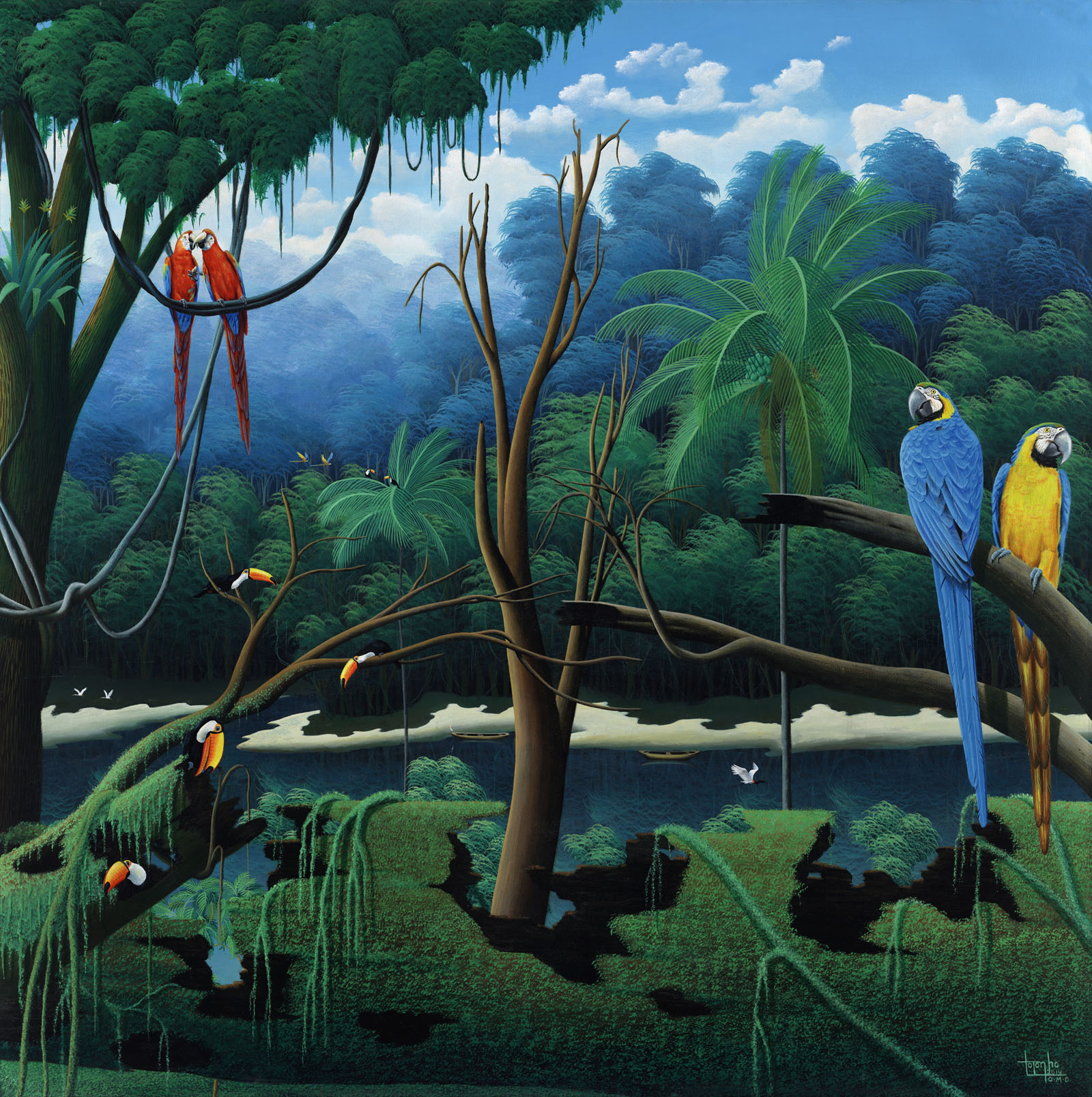 Parrots, tucans, trees, river, landscape painting, green, blue, tropical forest, painting by Totonho