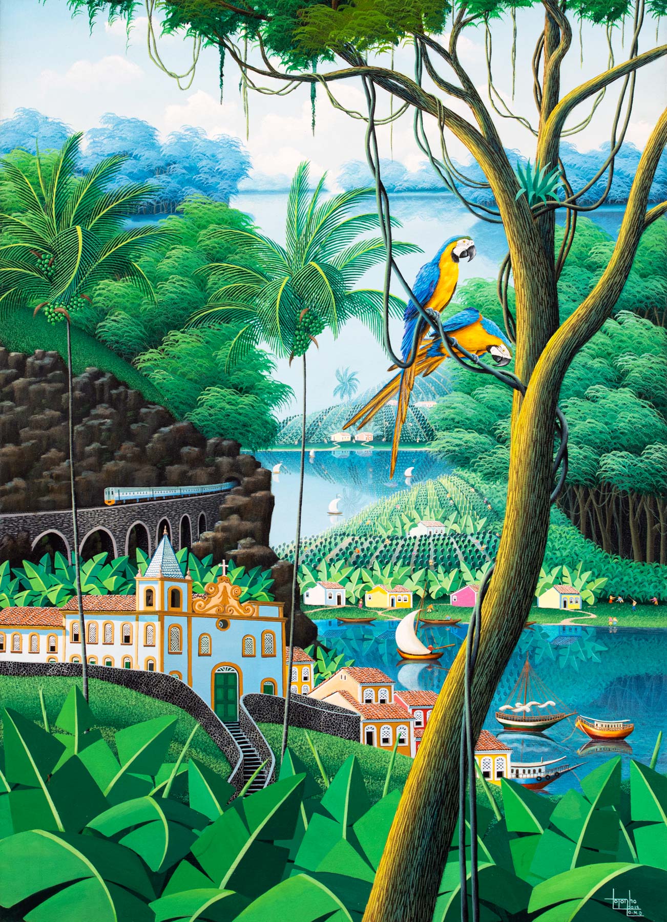 Brazilian landscape, blue train, church, parrots, banana leaves, lakes, plantations, landscape painting by Totonho